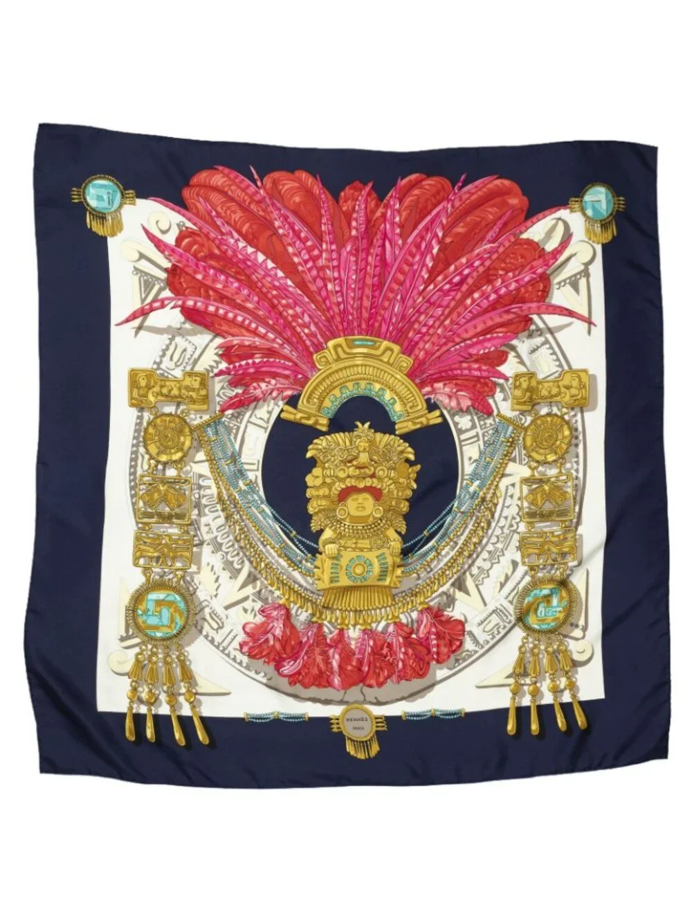Hermes Scarf Navy Red 100% Gold Twill Silk